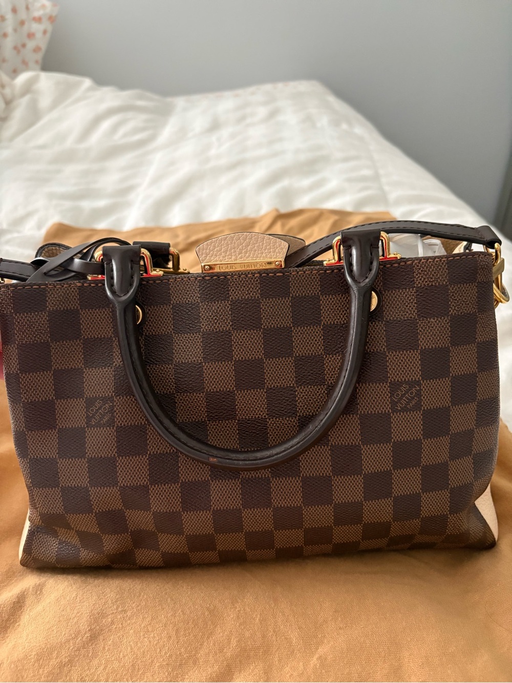 Authentic Louis Vuitton Brown Damier Canvas Bag with Gold Hardware